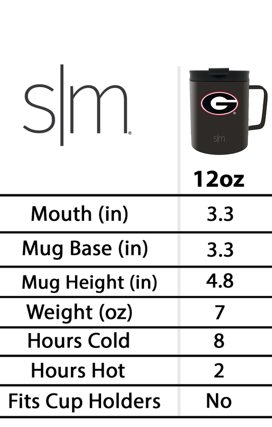Simple Modern 12oz Mug product specification sheet with black, white, and charcoal gray color palette, featuring SM logo on left side in dark color against clean minimalist background.