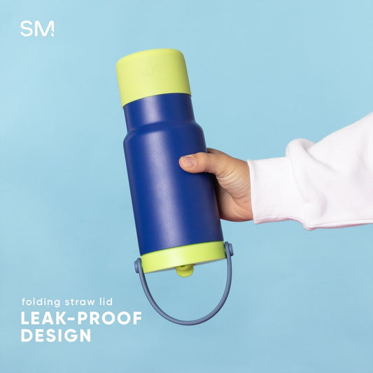 24oz Kids Trek Pivot leak-proof water bottle with bright pale yellow-lime green top and bottom sections on light blue background
