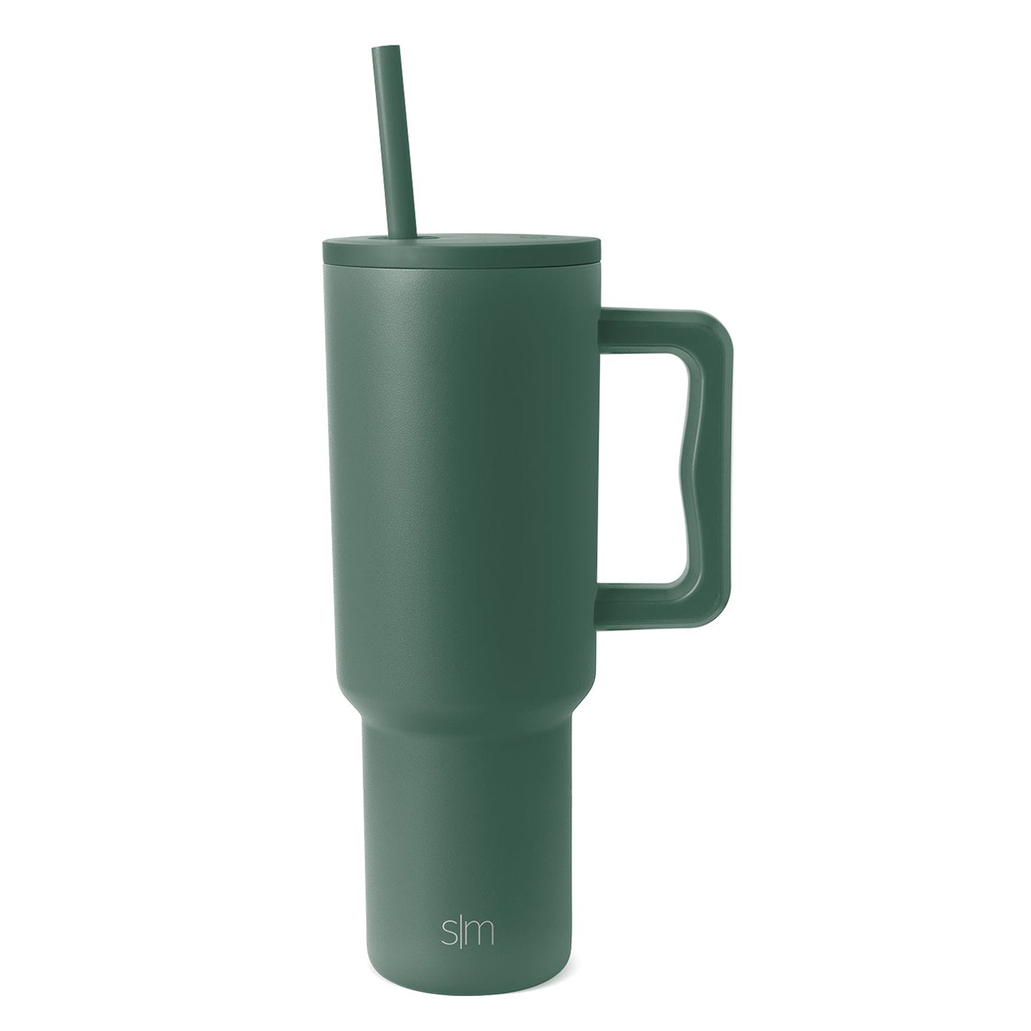 Sage green Trek Tumbler with matching handle and straw on white background