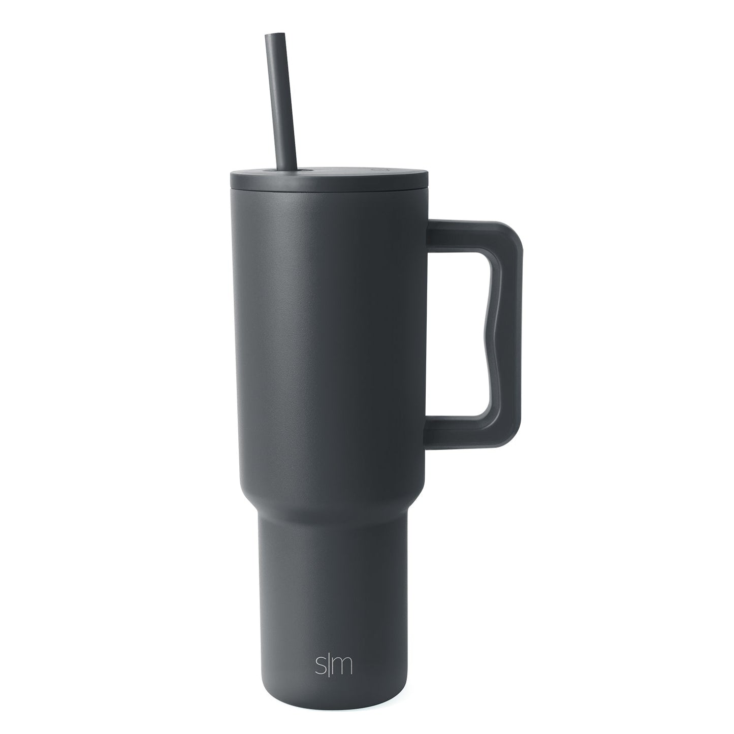 Charcoal gray Trek Tumbler with tapered cylindrical design, fitted lid, centered straw, and rectangular handle against white background
