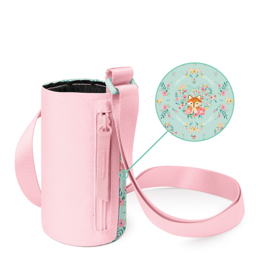 Soft pink bottle carrier with mint green accents on light neutral background