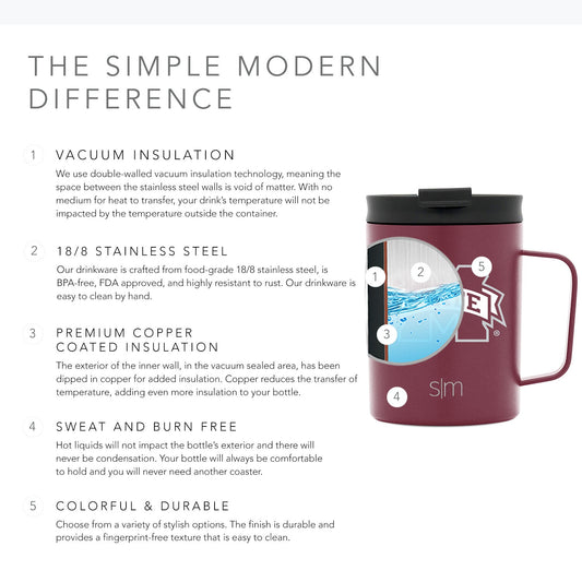 Deep burgundy insulated drinkware with black lid on soft gray and white background