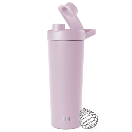 Soft lavender-colored water bottle with matching lid on white background
