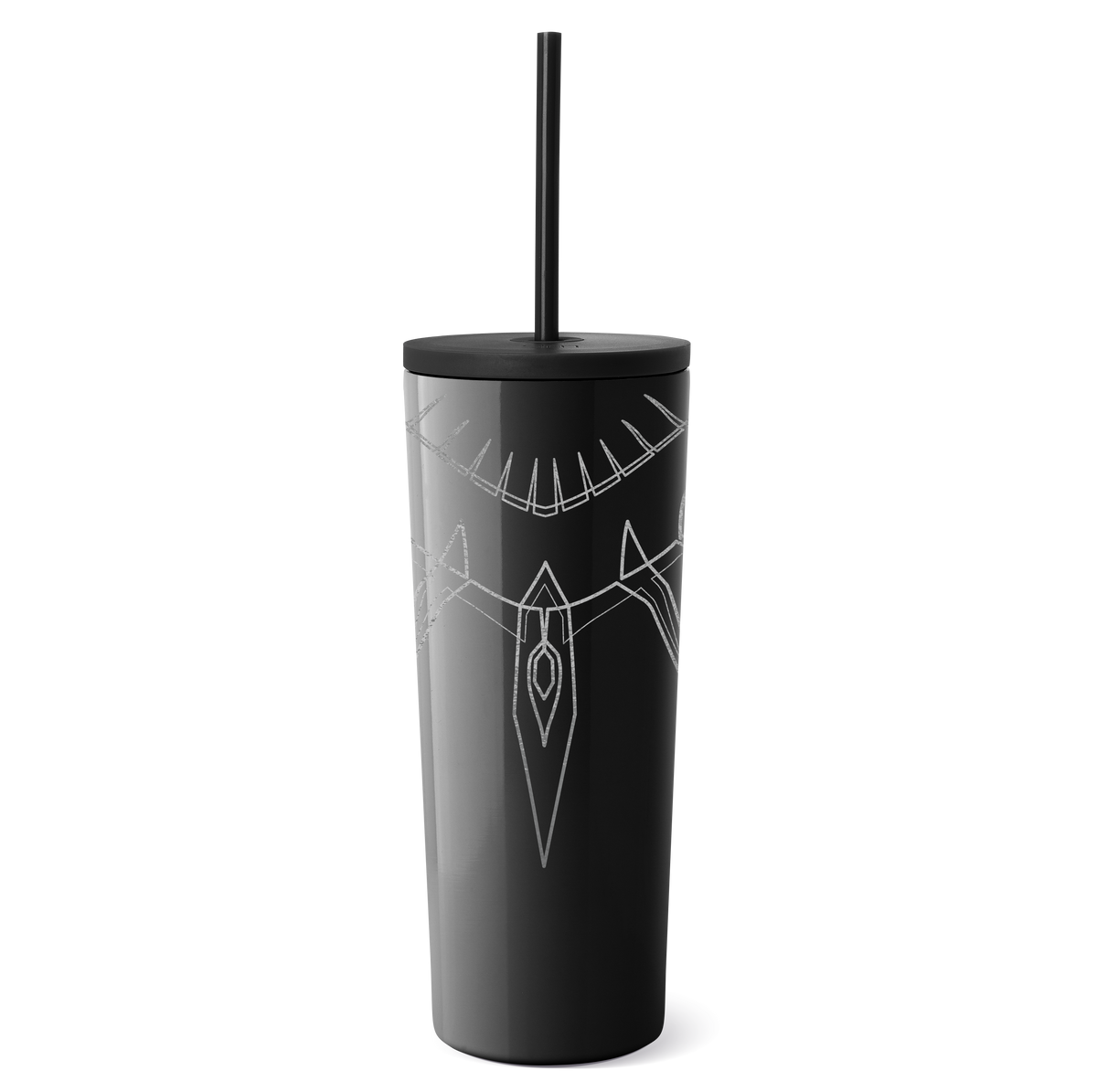Black tumbler with metallic silver mystical line design