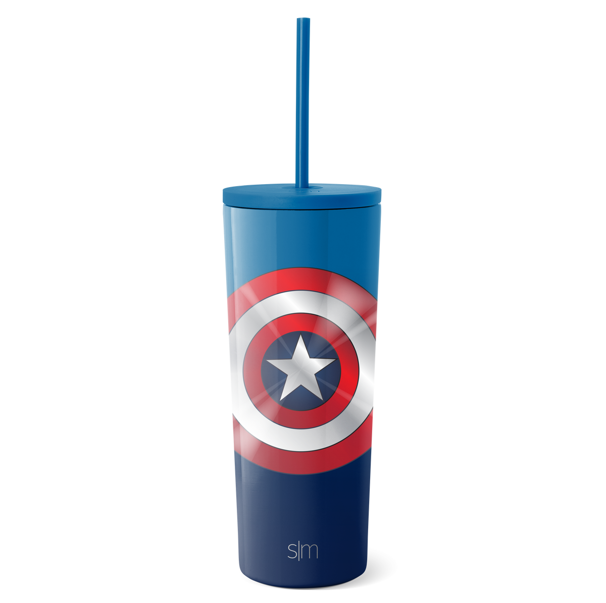 Simple Modern blue tumbler with lid and straw against white background