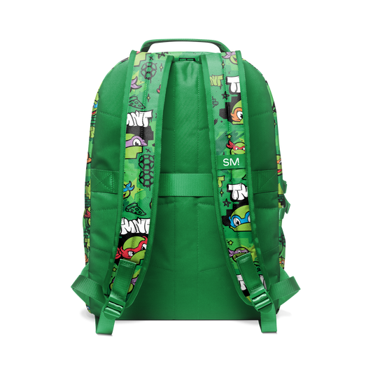 Bright kelly green backpack with colorful allover print on front and side panels, featuring shoulder straps and back panel in matching green.