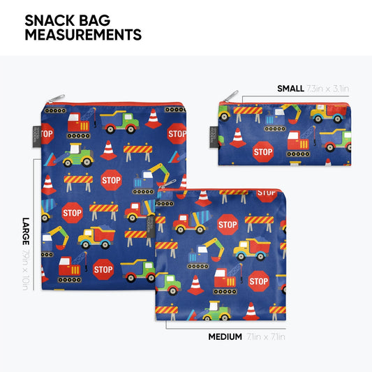 Three snack bags displaying size measurements with blue, red, and white color scheme. Reference image shows dimensional guides for product sizing.