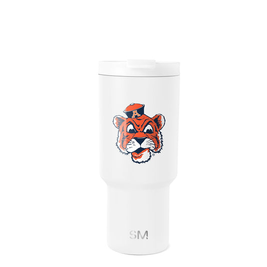 White tumbler with bright orange and navy blue tiger mascot design, white face accents, and SM logo