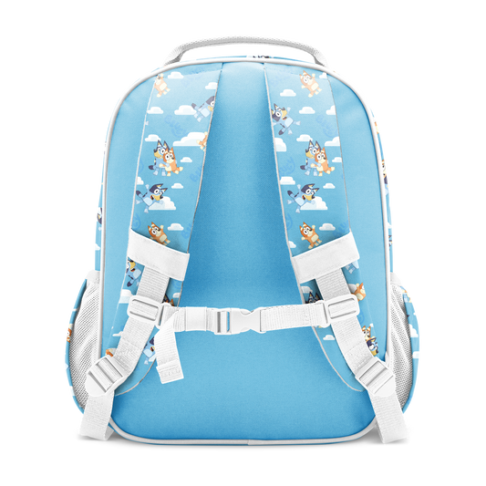 Sky blue backpack with white straps, trim, and mesh side panels, featuring illustrated characters and cloud motifs
