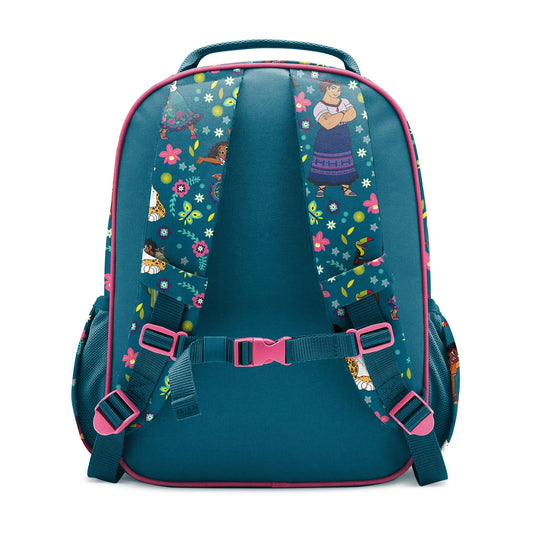 Rear view of a teal and hot pink children's backpack with padded shoulder straps, mesh ventilation panels, and colorful decorative pattern featuring flowers, stars, and illustrated characters on white background.