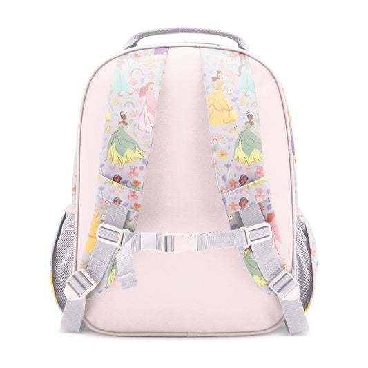 Pale pink children's backpack with Disney Princess character pattern on shoulder straps, gray mesh side pockets, padded straps with white buckles, and chest strap, shown from rear view against white background.