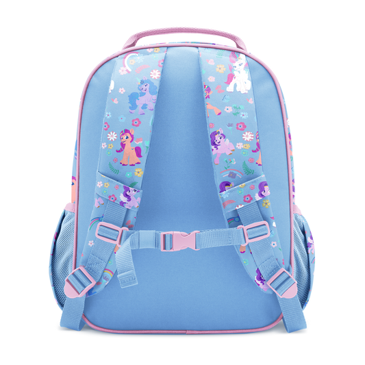 Periwinkle blue backpack with bright pink trim, piping, and zippers, featuring light blue padded shoulder straps