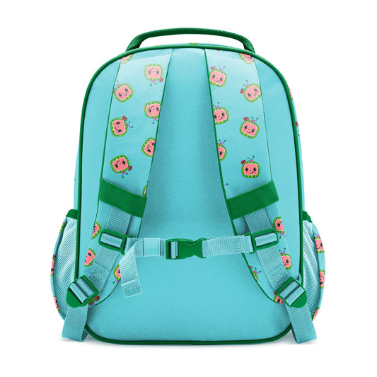 Turquoise children's backpack with CoComelon character pattern shown from back, featuring green frame and straps, padded shoulder straps, chest buckle, and dark green carry handle on white background.