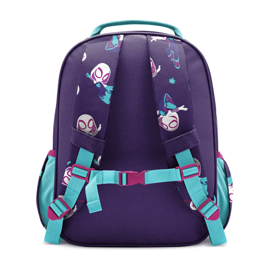 Purple children's backpack with turquoise accents and cartoon insect characters, shown from rear view. Features adjustable shoulder straps, chest strap, turquoise carry handle, and mesh side panels.