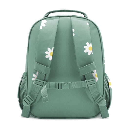 Sage green children's backpack with white and yellow daisy flower pattern, padded shoulder straps, grab handle, mesh side pockets, and adjustable buckle closures, shown from rear view against white background.