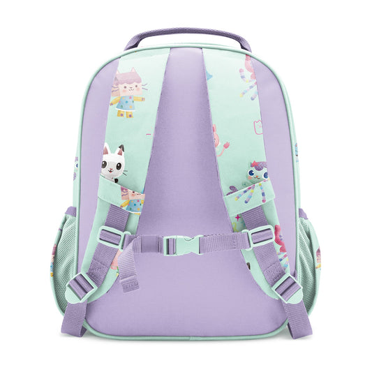 Mint green children's backpack with lavender back panel, viewed from rear. Features cute cat character designs, decorative kites and yarn balls. Padded lavender shoulder straps with white buckles and chest strap. Mesh side