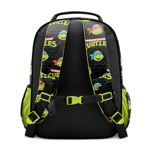 Black backpack with neon yellow-green straps, side panels, and trim accents