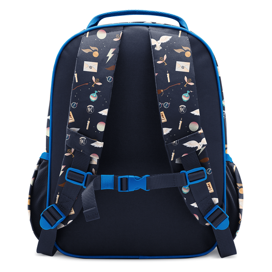 Bright blue and dark navy backpack with blue outer shell, straps, trim and accents, navy interior