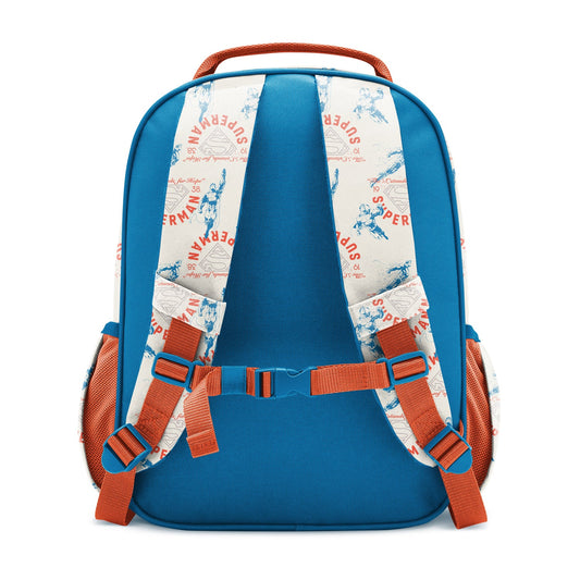 Blue and orange children's backpack with padded back panel, adjustable shoulder straps, chest strap, mesh side pockets, and top handle. Back features patterned fabric with "SUPER" text and Simple Modern branding. Studio