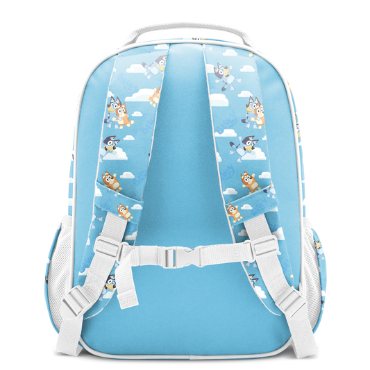 Sky blue backpack with white straps, buckles, and cloud pattern design
