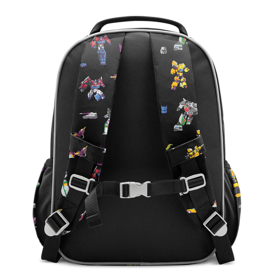 Black backpack with gray, white, and silver accents featuring vibrant multi-colored character graphics in red, yellow, blue, purple, pink, and orange.