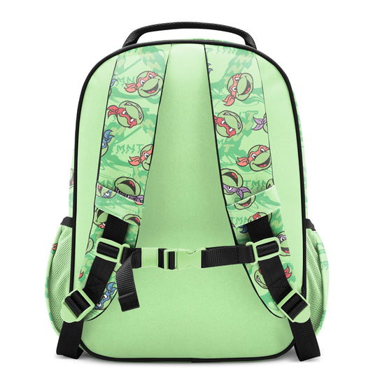 Mint green children's backpack with cartoon character print panels, black shoulder straps with buckles, chest strap, mesh side pockets, and carry handle, shown from back against white background.