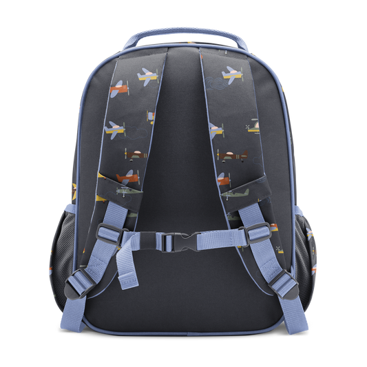 Charcoal gray kids backpack with periwinkle blue accents on handles, straps and trim, featuring an airplane print design