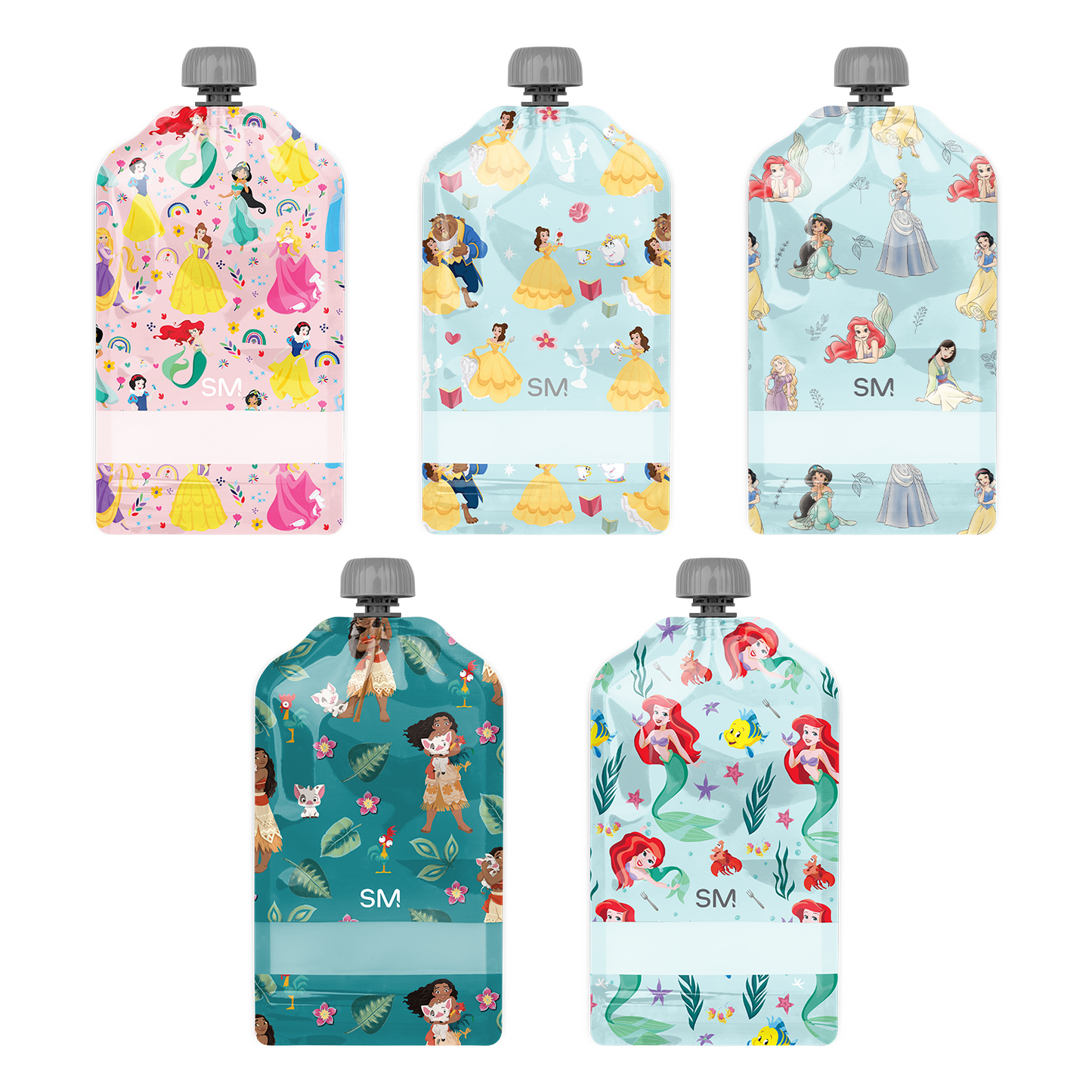 Five reusable pouches displayed in assorted colors: soft pink with white accents, light blue with white panels, and additional pouches in complementary colors.