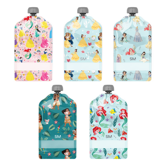 Five reusable pouches displayed in assorted colors: soft pink with white accents, light blue with white panels, and additional pouches in complementary colors.