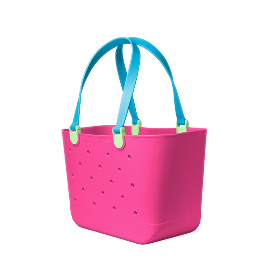 Hot pink tote bag with turquoise handles and neon yellow accent tabs