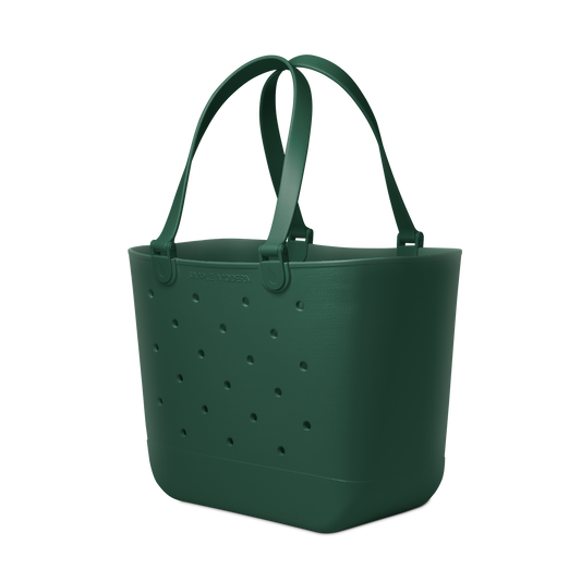 Forest green tote bag displayed against a neutral off-white background, showing the bag's rich, deep color and full front view.