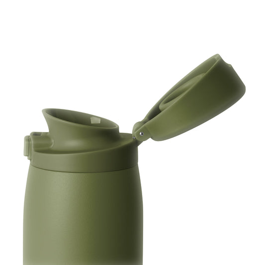Sage green water bottle with flip-top spout and matching lid on white background
