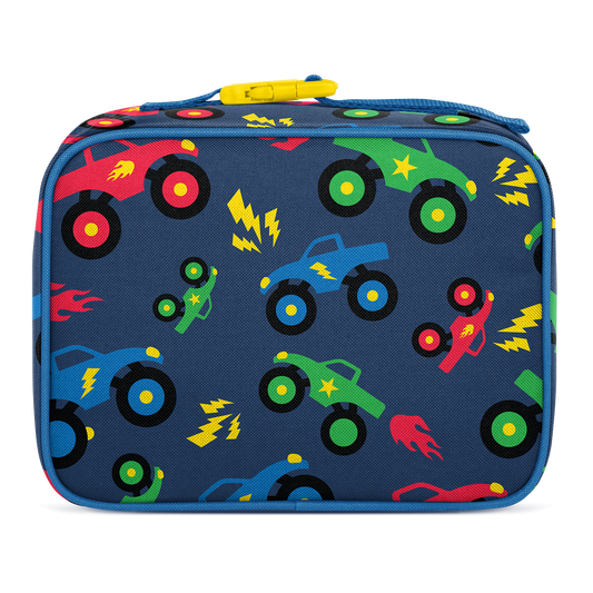Navy blue insulated lunch box with colorful illustrated cars, lightning bolts, stars, and flames in red, green, and yellow. Features yellow carry handle and Simple Modern logo. Child-friendly design.