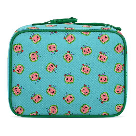 Turquoise blue insulated children's lunch box with white background, front view product shot