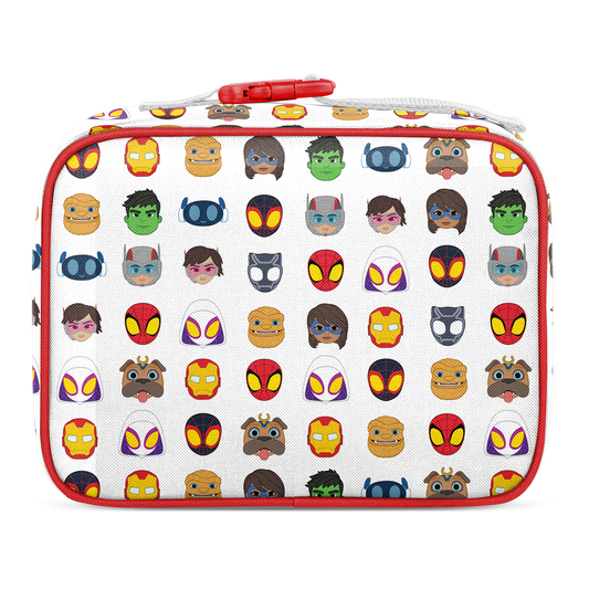 Red insulated lunch box with white embroidered front panel featuring colorful character heads design