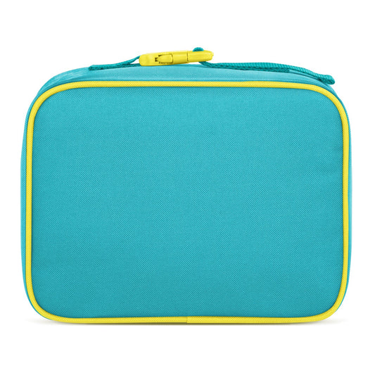 Turquoise insulated lunch bag with yellow zipper trim and handles, featuring a rectangular boxy shape with rounded corners, photographed against a white background.