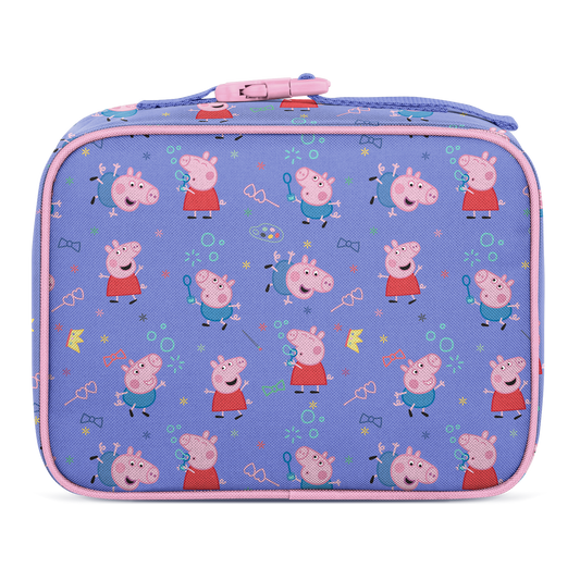 Periwinkle blue lunch container with soft pink trim, zipper accent, and colorful pattern details in coral red, teal green, and yellow.