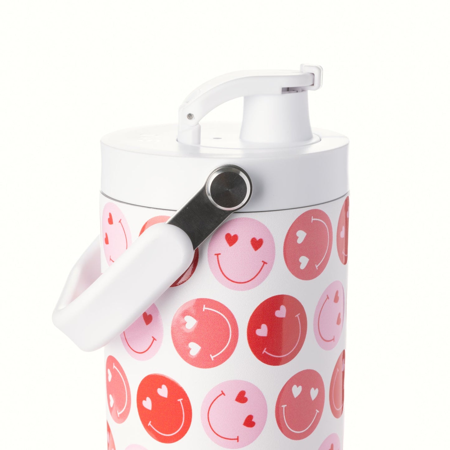 White ceramic vessel with pink and red repeating pattern on lower body, white upper portion and lid, Valentine's Day themed design from 2020 collection.