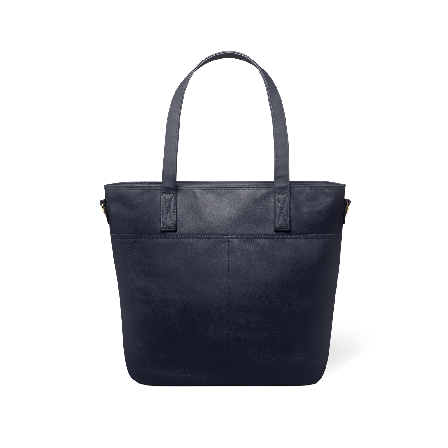 Deep navy blue leather tote bag with structured shape, shown from back view against white background, displaying sleek minimalist design and professional styling.