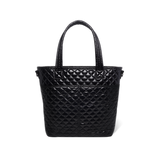 Black quilted tote bag with handles shown from back view against white background