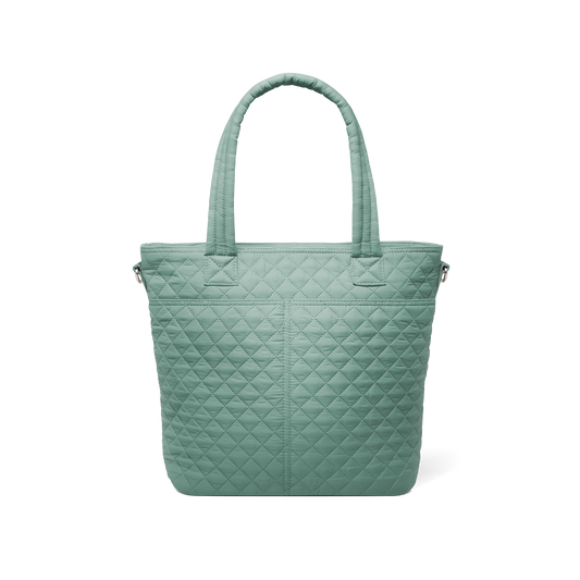 Soft sage green muted celadon tote bag displayed from back view against white background