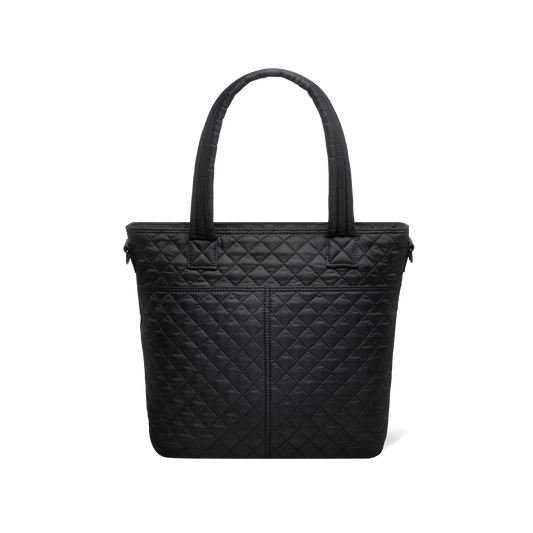 Black quilted tote bag with handles, shown from back view against white background