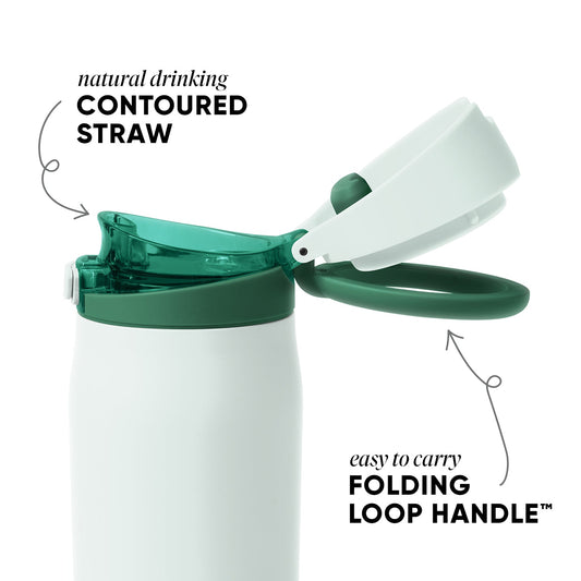 Pale mint green and white water bottle with matching lid and accessories on a soft, fresh background.