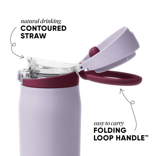 Lavender-purple tumbler with burgundy band detail and folding handle, featuring a clear glass section and matching lid.