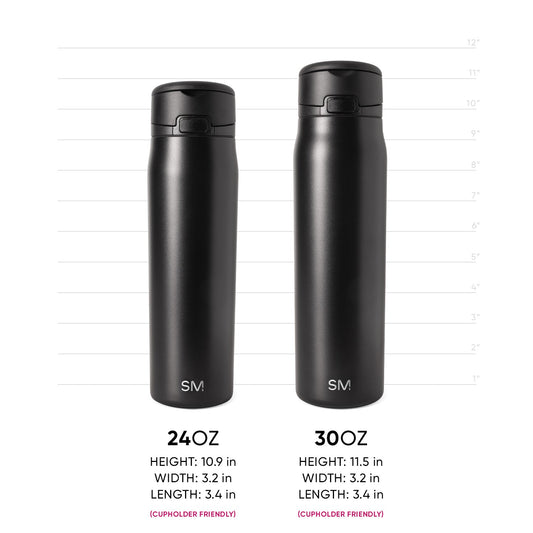 Two matte black cylindrical drinkware vessels with subtle metallic sheen and light reflections on surfaces, shown for product measurement reference.