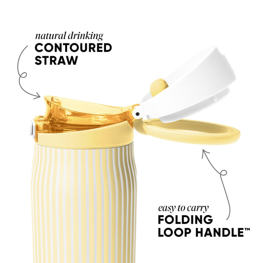 Pale yellow drinkware with matching straw, white lid and label, warm gold and amber tones, white background