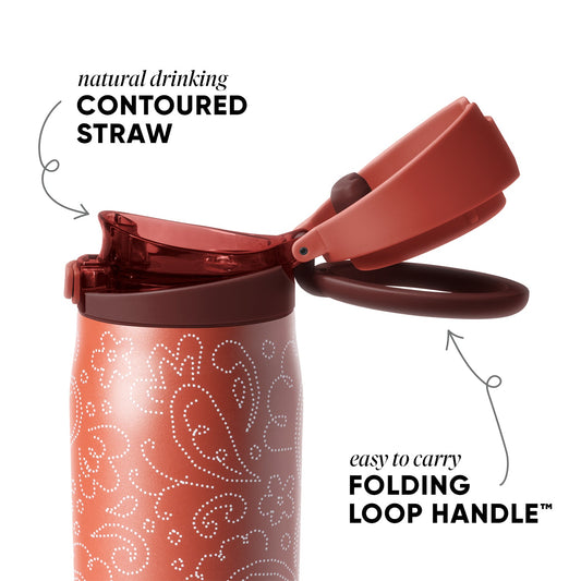 Terracotta-colored tumbler with dark burgundy lid, straw, and handle, featuring white accents