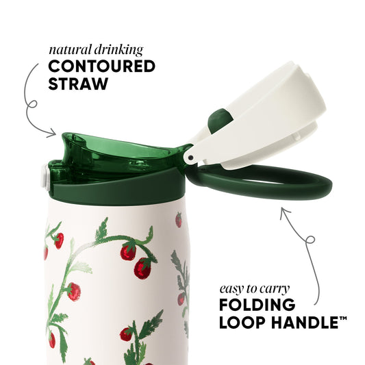 Cream-colored insulated drinkware with forest green lid and hardware on off-white background