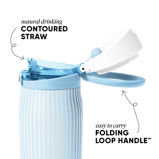 Pale blue drinkware with white vertical stripes, matching blue lid and straw against a light blue and white background