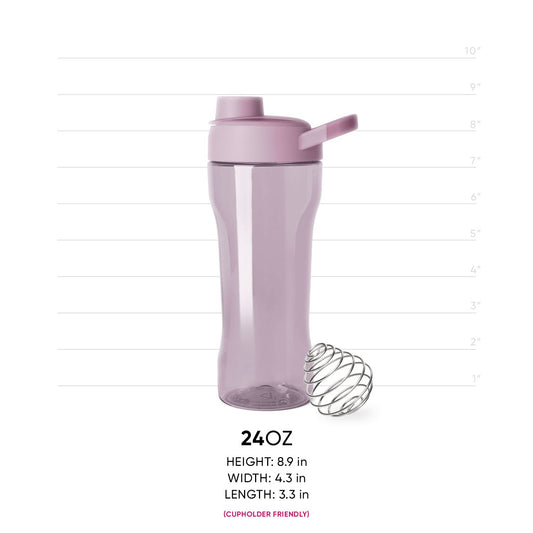 Semi-transparent mauve shaker bottle with dusty rose accents and visible interior, featuring a secure lid and measurement markings for mixing drinks or supplements.